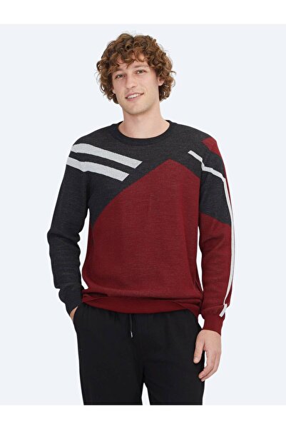 Kip Kırmızı Bisiklet Yaka Desenli Yün Karışımlı Triko Kazak