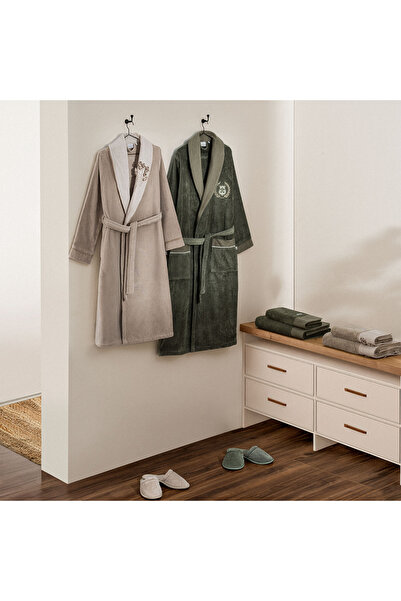 Ecocotton Masal Aile Bornoz Seti %100 Organik Pamuk Nakışlı Bej/Yeşil - M/L