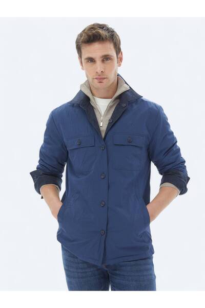Kip Navy Blue Regular Fit Shirt Collar Casual Woven Coat
