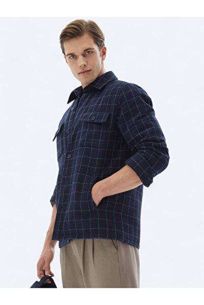 Kip Темно-синій картатий Regular Fit Тканий вовняний овершерт