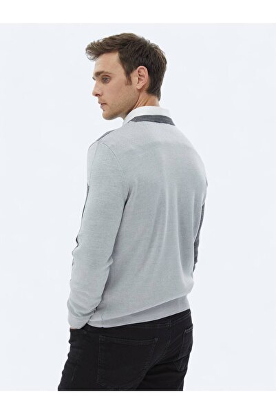 Kip Açık Gri Bisiklet Yaka Desenli Yün Karışımlı Triko Kazak