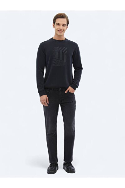 Kip Siyah Bisiklet Yaka Baskılı Sweatshırt