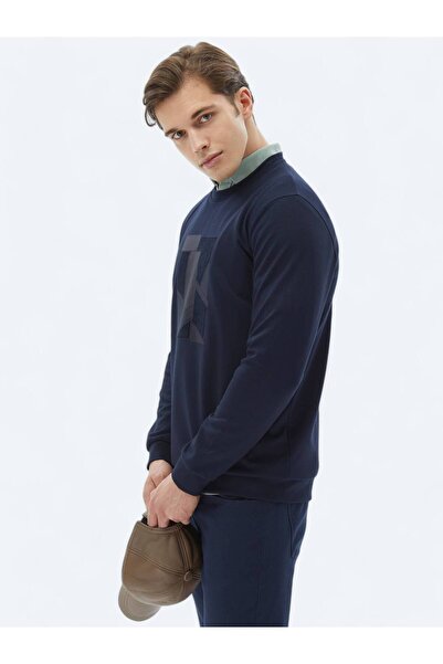 Kip Lacivert Bisiklet Yaka Baskılı Sweatshırt