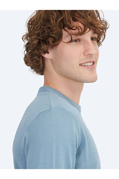 Kip Havacı Mavi Bisiklet Yaka Jakarlı Yün Karışımlı Triko Kazak
