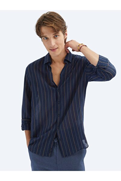 Kip Lacivert Çizgili Regular Fit Dokuma Casual Pamuk Karışımlı Gömlek