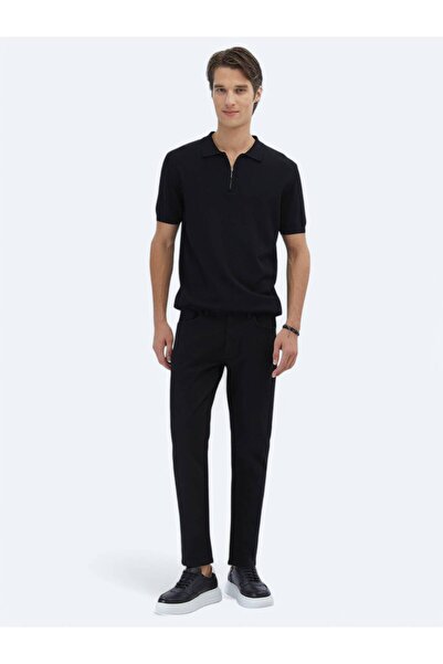 Kip Black Slim Fit Denim Cotton Blended Trousers