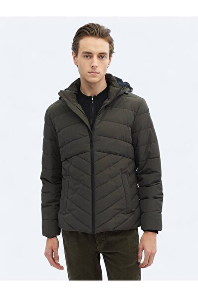 Kip Haki Regular Fit Kapüşonlu Casual Dokuma Mont