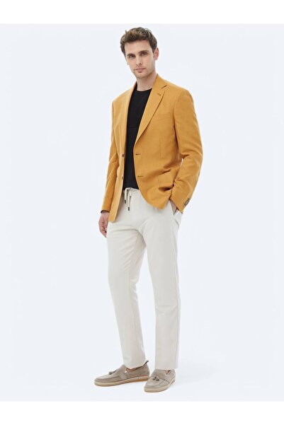 Kip Safran Düz Modern Fit Keten Karışımlı Ceket