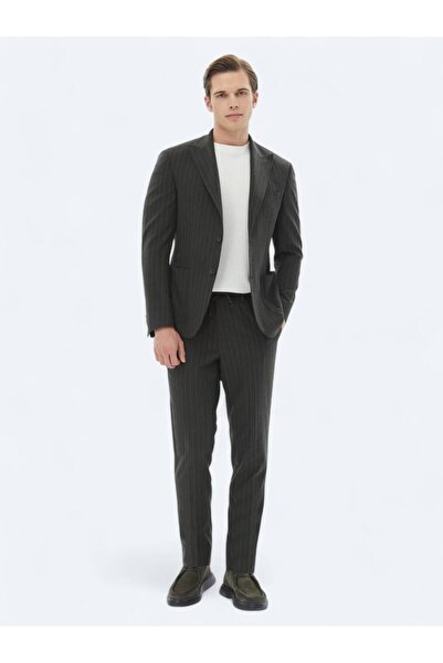 Kip Haki Çizgili Modern Fit Takım Elbise
