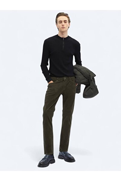 Kip Haki Dokuma Slim Fit Kadife Casual Pamuk Karışımlı Pantolon