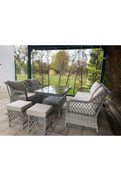 Tu Tienda PETRA 3+1+1+MASA+2PUF BAHÇE BALKON MOBİLYASI,GRİ RATTAN/VİZON KUMAŞ