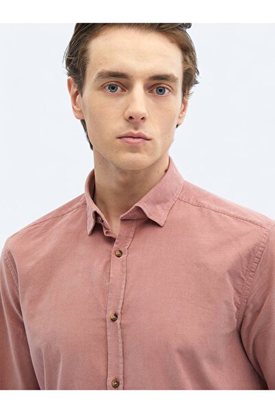 Kip Pembe Fitilli Regular Fit Dokuma Kadife Casual %100 Pamuk Gömlek