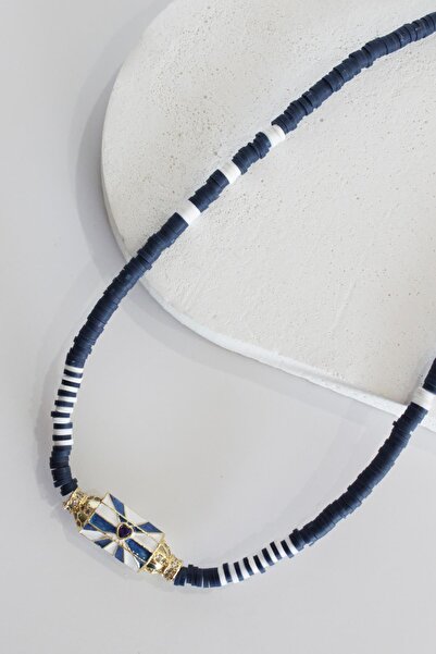 New Obsessions قلادة بحار باللون الأزرق الداكن والأبيض - تفاصيل خرز فيمو