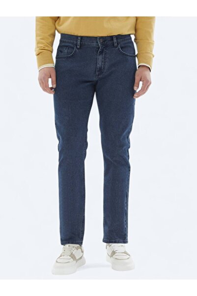 Kip Navy Blue Slim Fit Denim-Cotton Blend Trousers