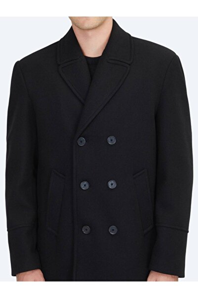 Kip Siyah Regular Fit Kruvaze Yaka Casual Örme Kaban