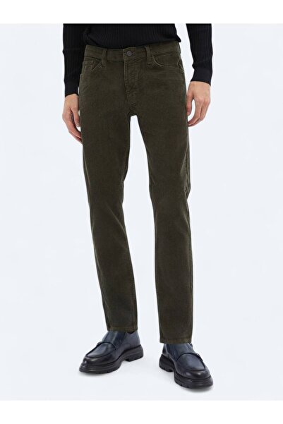 Kip Haki Dokuma Slim Fit Kadife Casual Pamuk Karışımlı Pantolon