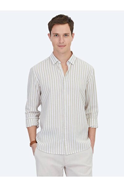 Kip Bej Çizgili Regular Fit Dokuma Casual Pamuk Karışımlı Gömlek