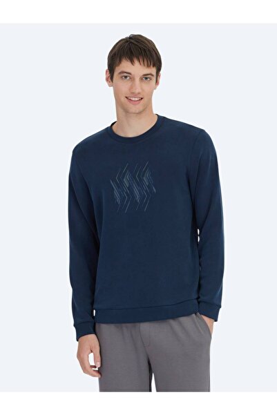 Kip Navy Blue Crew Neck Patterned Sweatshirt