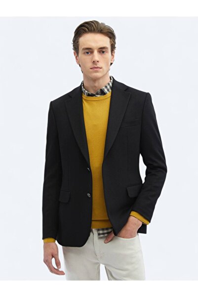 Kip Siyah Düz Regular Fit Yün Karışımlı Ceket