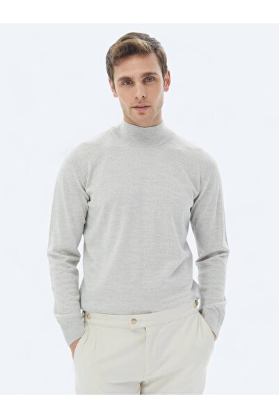 Kip Açık Gri Yarım Balıkçı Yaka Düz Örgü Yün Karışımlı Triko Kazak