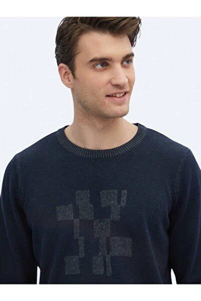 Kip Lacivert Bisiklet Yaka Desenli Pamuk Karışımlı Triko Kazak