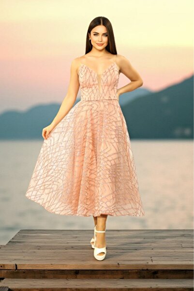 FaBe Fashion İP ASKILI KALP YAKA  GLİTTER BASKILI  MİDİ MEZUNİYET- NİŞAN SÖZ ELBİSESİ