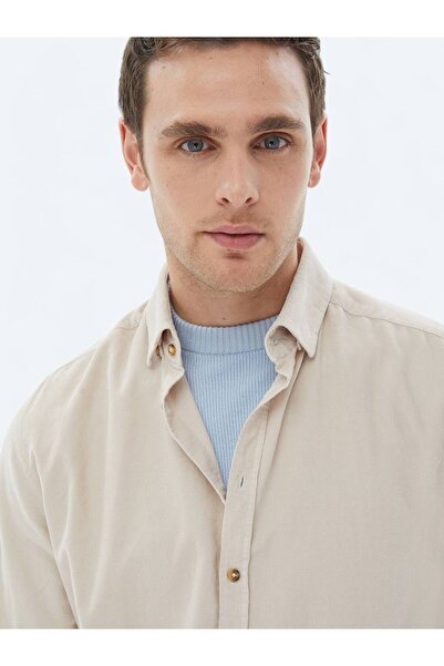 Kip Bej Fitilli Regular Fit Dokuma Kadife Casual %100 Pamuk Gömlek