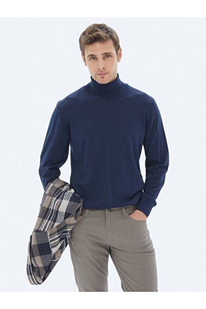 Kip İndigo Tam Balıkçı Yaka Düz Örgü Yün Karışımlı Triko Kazak