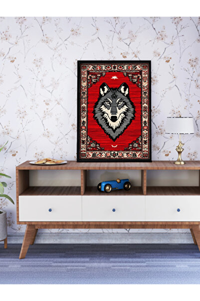 KORTEKS DESIGN Çerçeveli Tablo Bozkurt Kilim Desen Türk Kilim Motifi Gray Wolf Rug Poster A3 Siyah Çerçeveli Tablo
