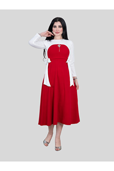 Nice Model Elegant Red & White Color Block Midi Dress with Waist Tie & Stone Detail