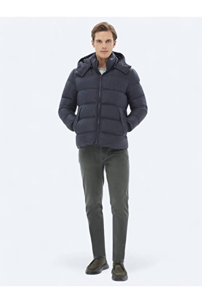 Kip Μπλε Navy Regular Fit Casual υφαντό παλτό με κουκούλα