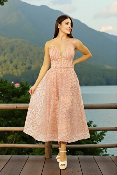 FaBe Fashion İP ASKILI KALP YAKA  GLİTTER BASKILI  MİDİ MEZUNİYET- NİŞAN SÖZ ELBİSESİ