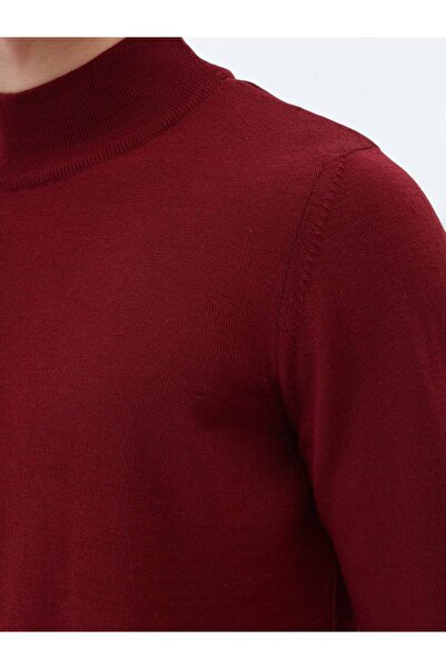 Kip Kırmızı Yarım Balıkçı Yaka Düz Örgü Yün Karışımlı Triko Kazak
