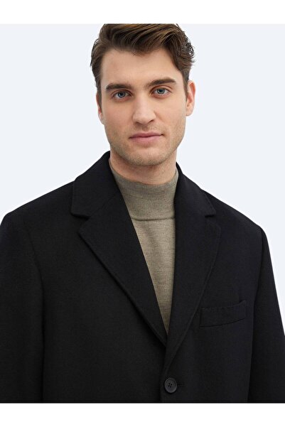 Kip Siyah Regular Fit Kelebek Yaka Klasik Dokuma Palto