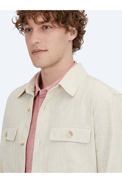 Kip Beige Regular Fit Woven Cotton Blend Overshirt