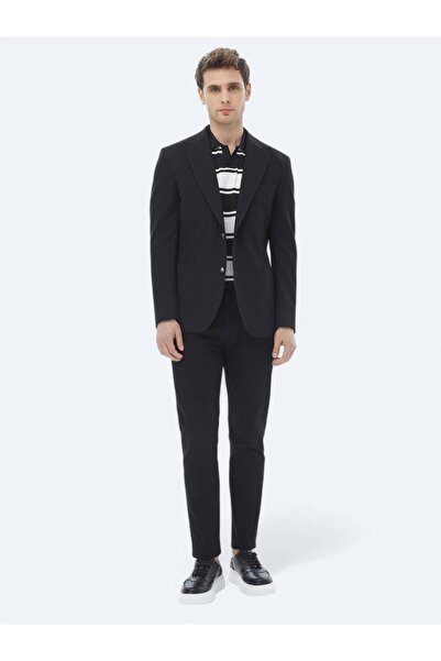 Kip Modern Fit Black Striped Cotton Blend Jacket