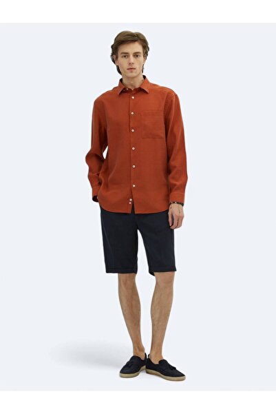 Kip Kiremit Düz Oversize Fit Dokuma Casual Gömlek