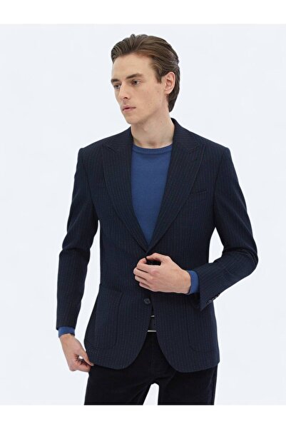 Kip Lacivert Çizgili Comfort Fit Ceket