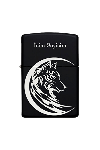 Genel Markalar Kurt Desenli Kişiye Özel İsimli Benzinli Siyah Metal Çakmak