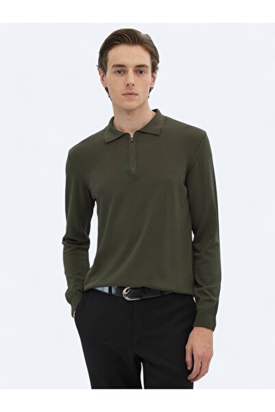 Kip Haki Polo Yaka Düz Örgü Triko Kazak
