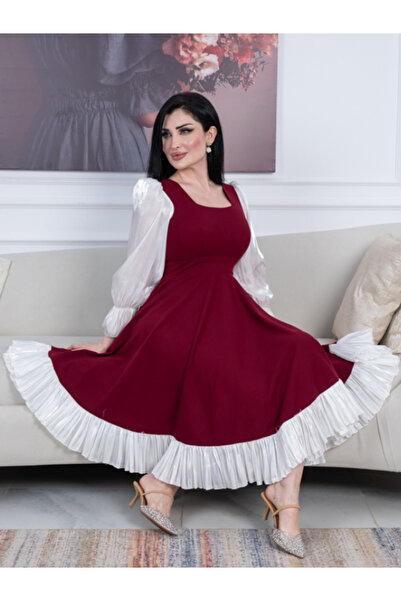 Nice Model Burgundy Ruffle Midi Dress White Satin Sleeves Square Neck A-Line Party Evening Elegant