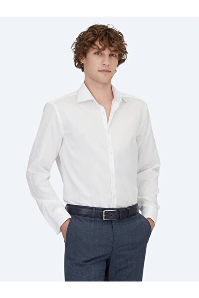 Kip Λευκό μονόχρωμο υφαντό κλασικό πουκάμισο 100% βαμβάκι