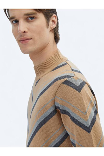 Kip Deve Tüyü Yarım Balıkçı Yaka Desenli Pamuk Karışımlı Triko Kazak