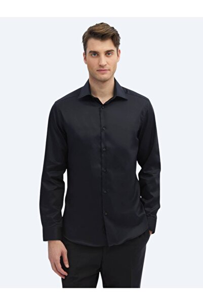 Kip Μαύρο μονόχρωμο υφαντό κλασικό πουκάμισο 100% βαμβάκι