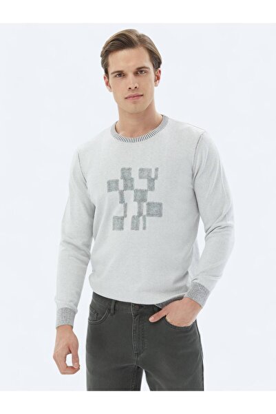 Kip Gri Bisiklet Yaka Desenli Pamuk Karışımlı Triko Kazak