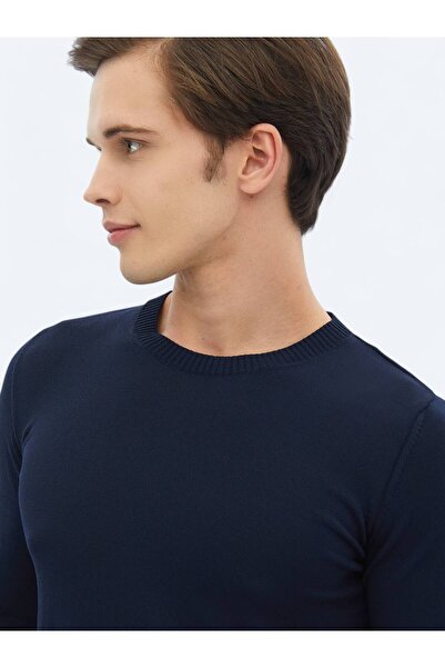 Kip Lacivert Bisiklet Yaka Düz Örgü Triko Kazak