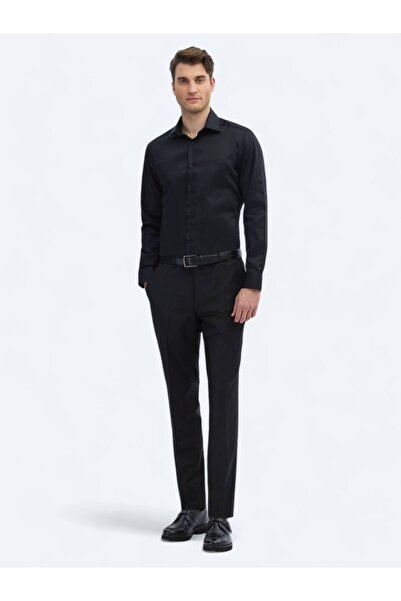 Kip Μαύρο μονόχρωμο υφαντό κλασικό πουκάμισο 100% βαμβάκι