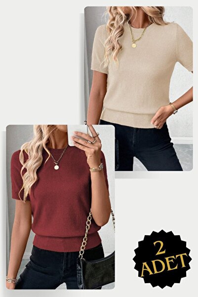 TRQOM 2 bucăți de gât cu mâneci, bluză din lycra (roșu claret - nurcă)