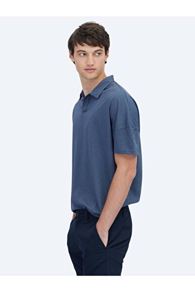 Kip Navy Blue Polo Neck Cotton Blend T-Shirt