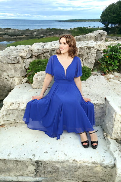 FaBe Fashion KISA KOLLU KALP YAKA BELİ BÜZGÜLÜ MİDİ ŞİFON ELBİSE NİKAH-NİŞAN-SÖZ-DIŞ ÇEKİM